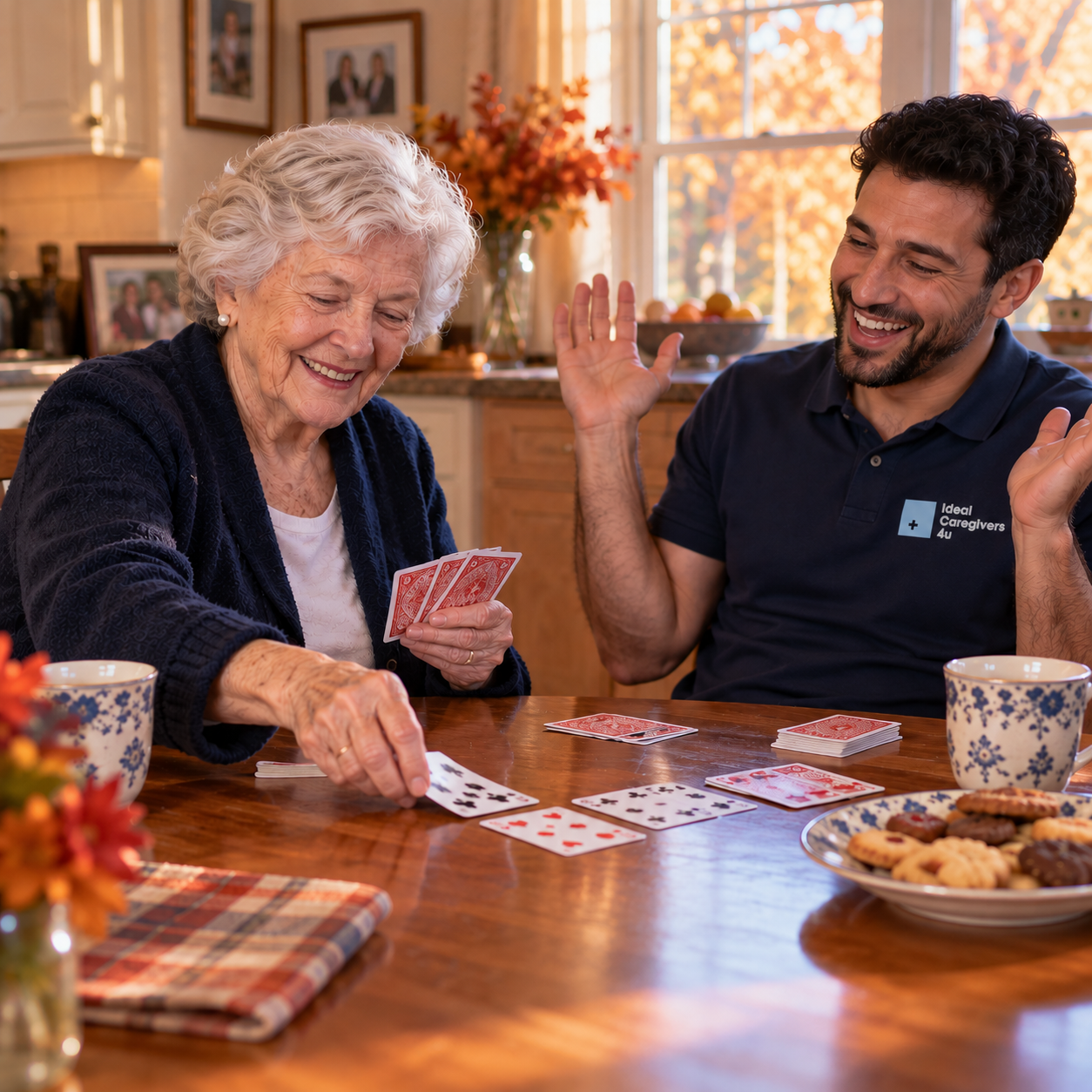 Senior woman playing cards and laughing with her companion caregiver at the kitchen table