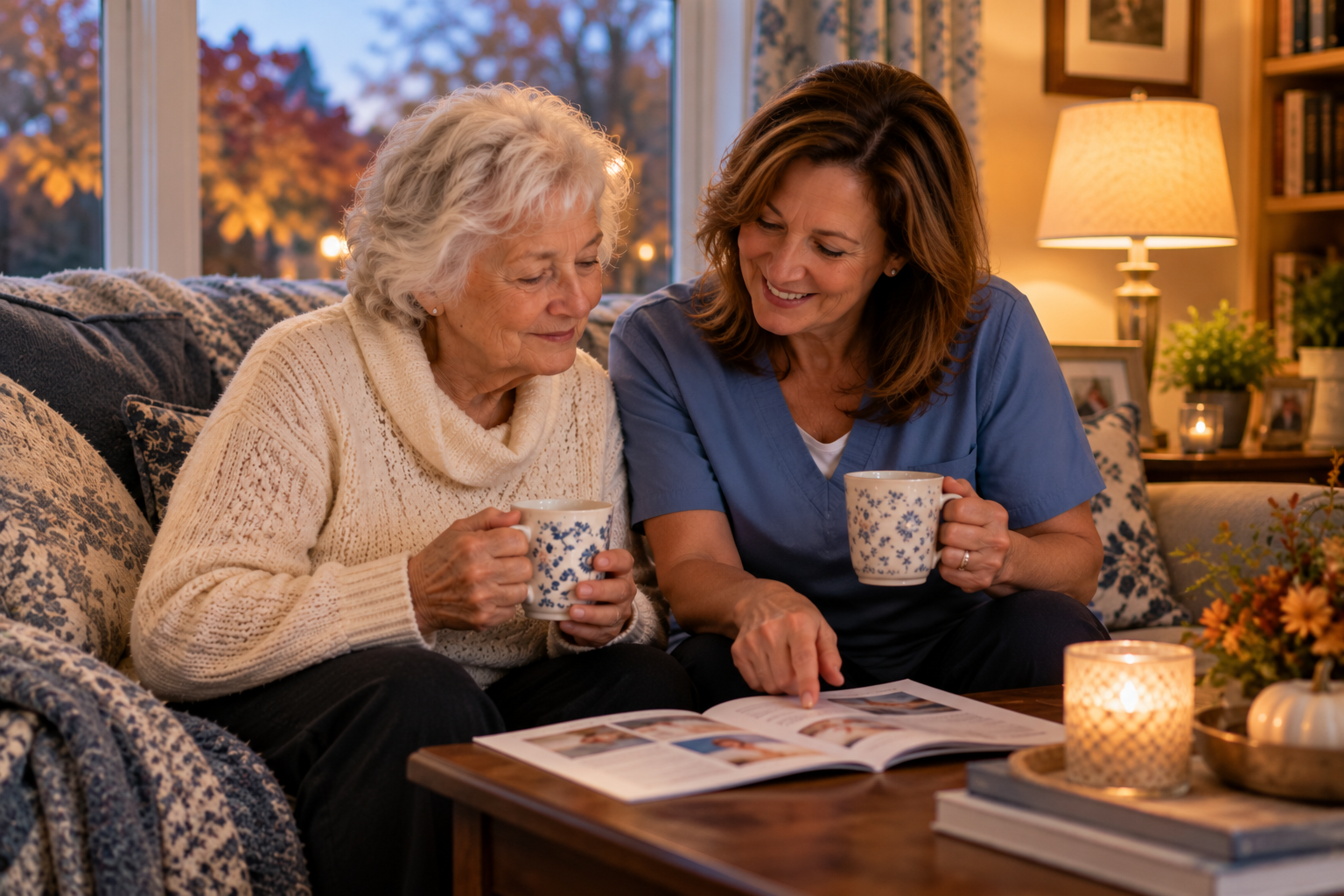 Caregiver and senior woman review the Rebuilding Routine guide together over tea on an autumn evening.