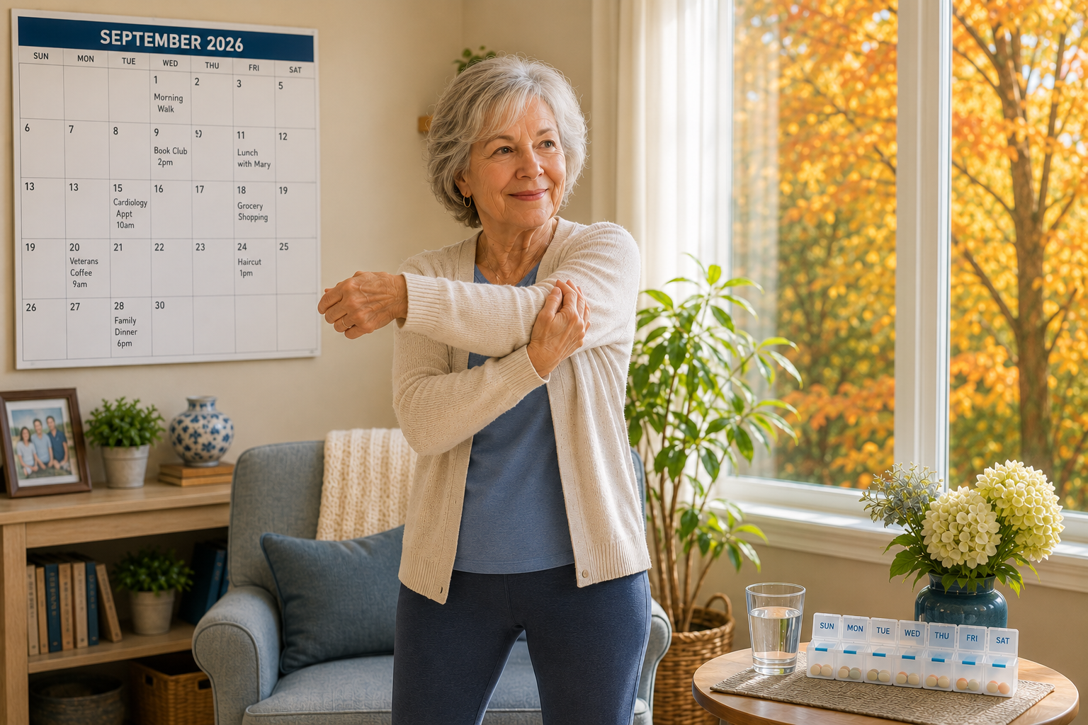 Senior woman does gentle stretches by a sunny window, building daily habits for seniors like movement into her routine.