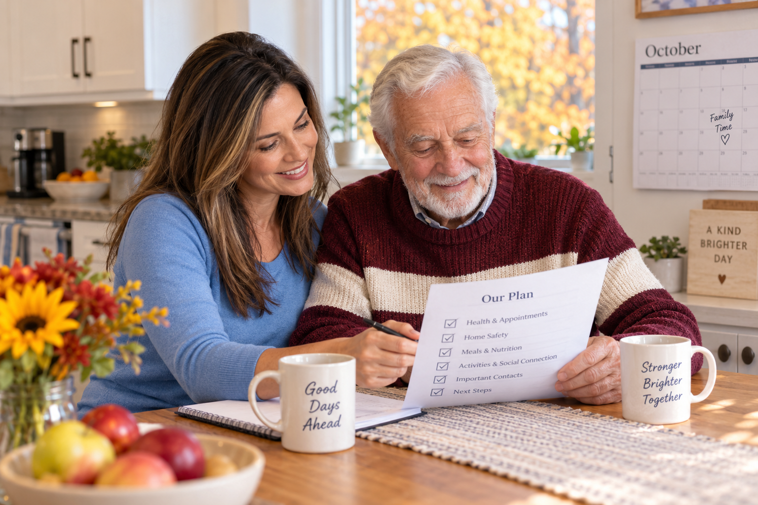 fall-checklist-for-seniors-reset.png Senior man and his daughter review a fall checklist for seniors together at the kitchen table.