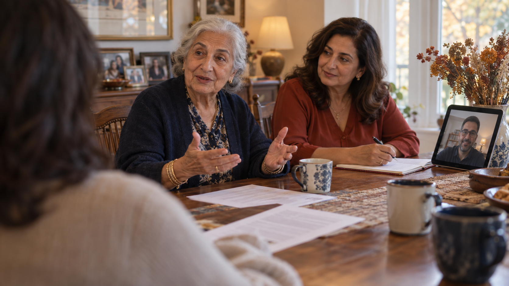 family-care-meeting-parent-speaking.jpg Senior woman speaking at the head of the table during a family care meeting while her adult children listen