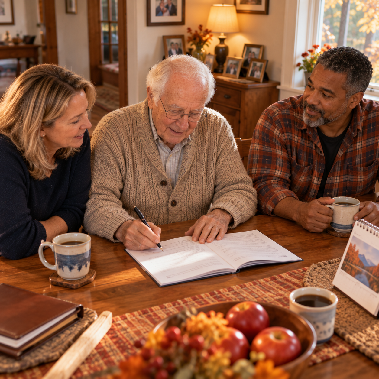 Senior man filling in a family care planning booklet while his daughter and son-in-law look on