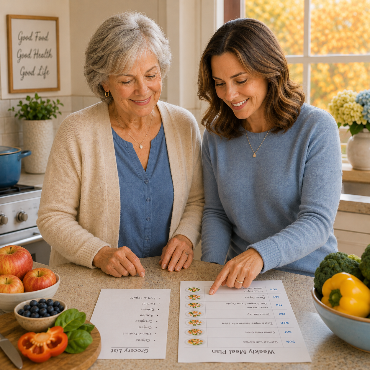 Adult daughter and her senior mother organize a weekly meal plan at the kitchen counter.