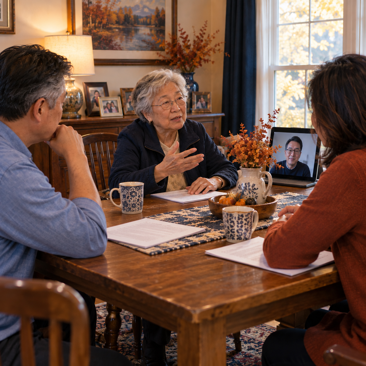 Senior woman leading a family meeting about her own care while her adult children follow a printed agenda
