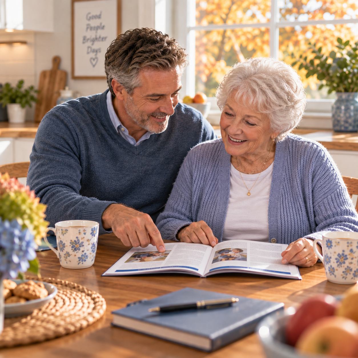 Adult son reviews the Rebuilding Routine guide with his senior mother at the kitchen table.