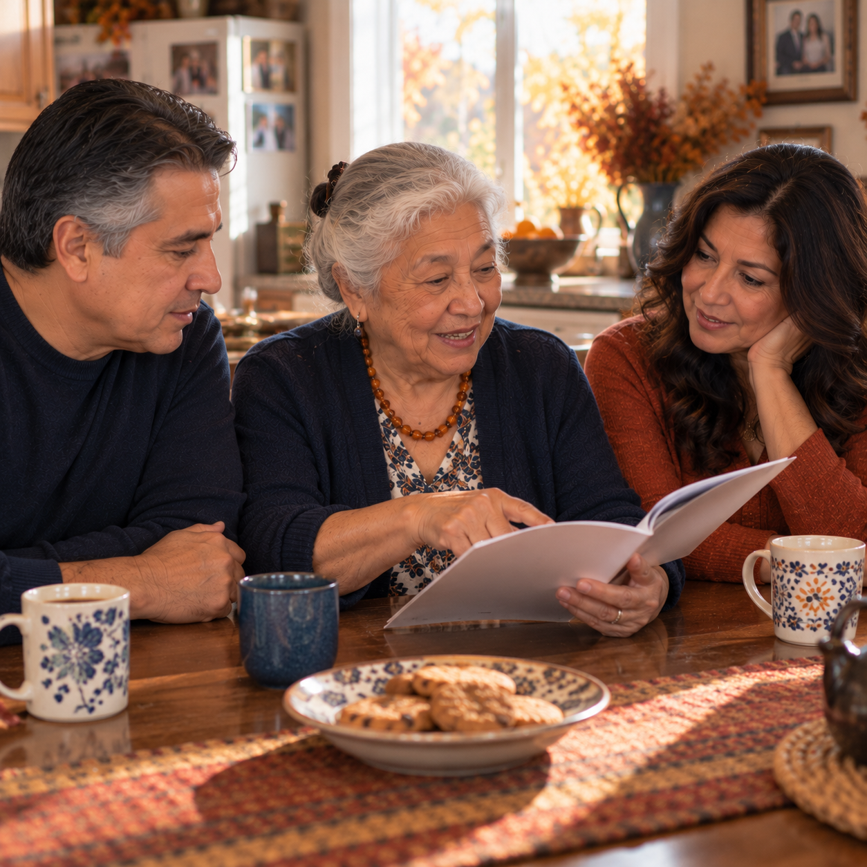 Senior woman and her two adult children reading a home care guide together at the kitchen table