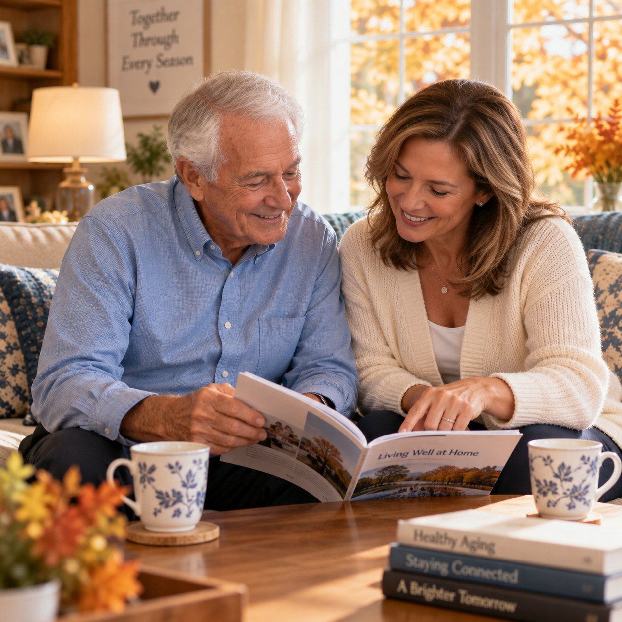 Adult daughter reviews the Rebuilding Routine guide with her senior father in a sunny living room.