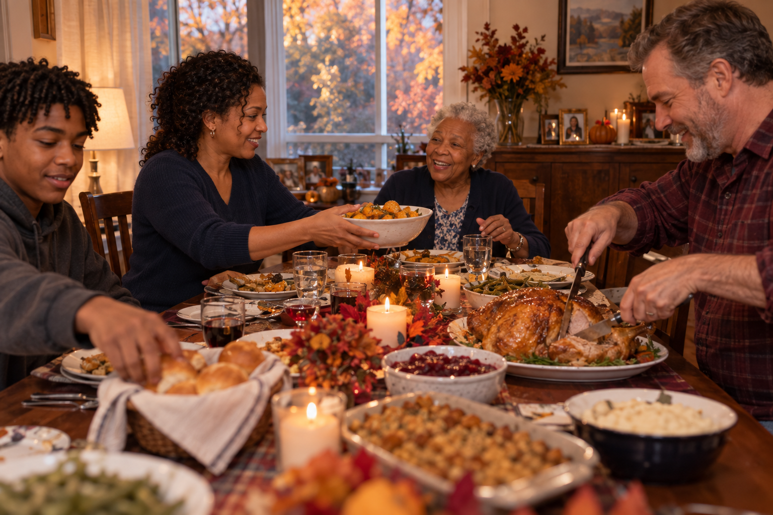 Multigenerational family sharing Thanksgiving dinner at home