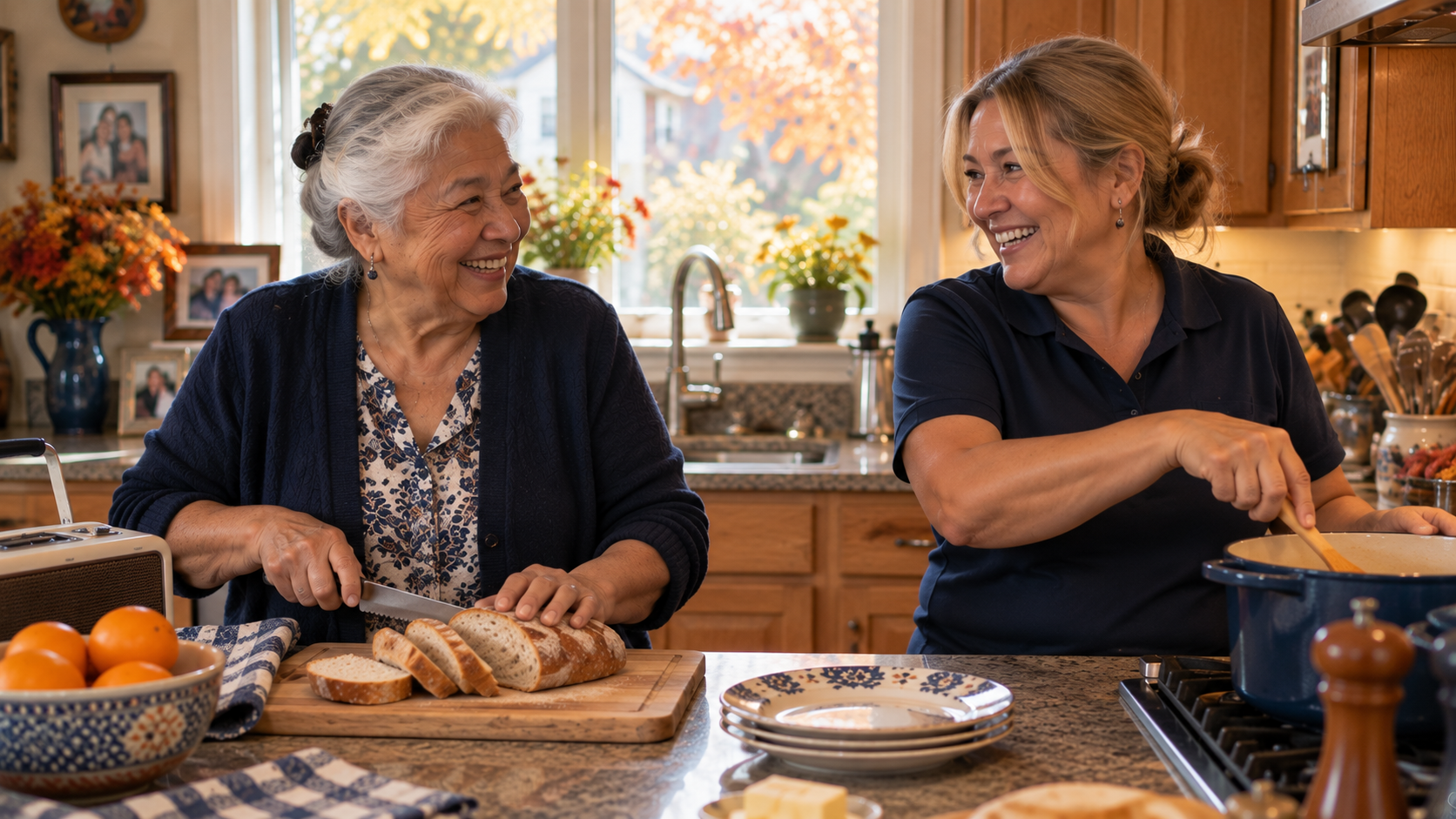 home-care-options-kitchen-lunch.jpg Senior woman and her caregiver preparing lunch together in the kitchen, showing what home care options actually look like
