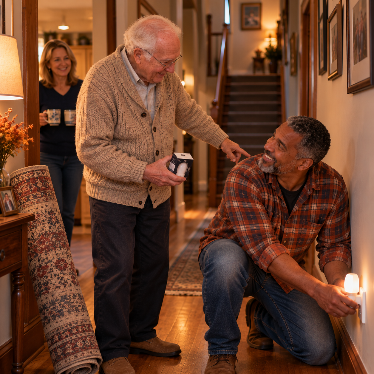 Son-in-law installing a motion-sensor night light in a senior's hallway while the homeowner directs the work
