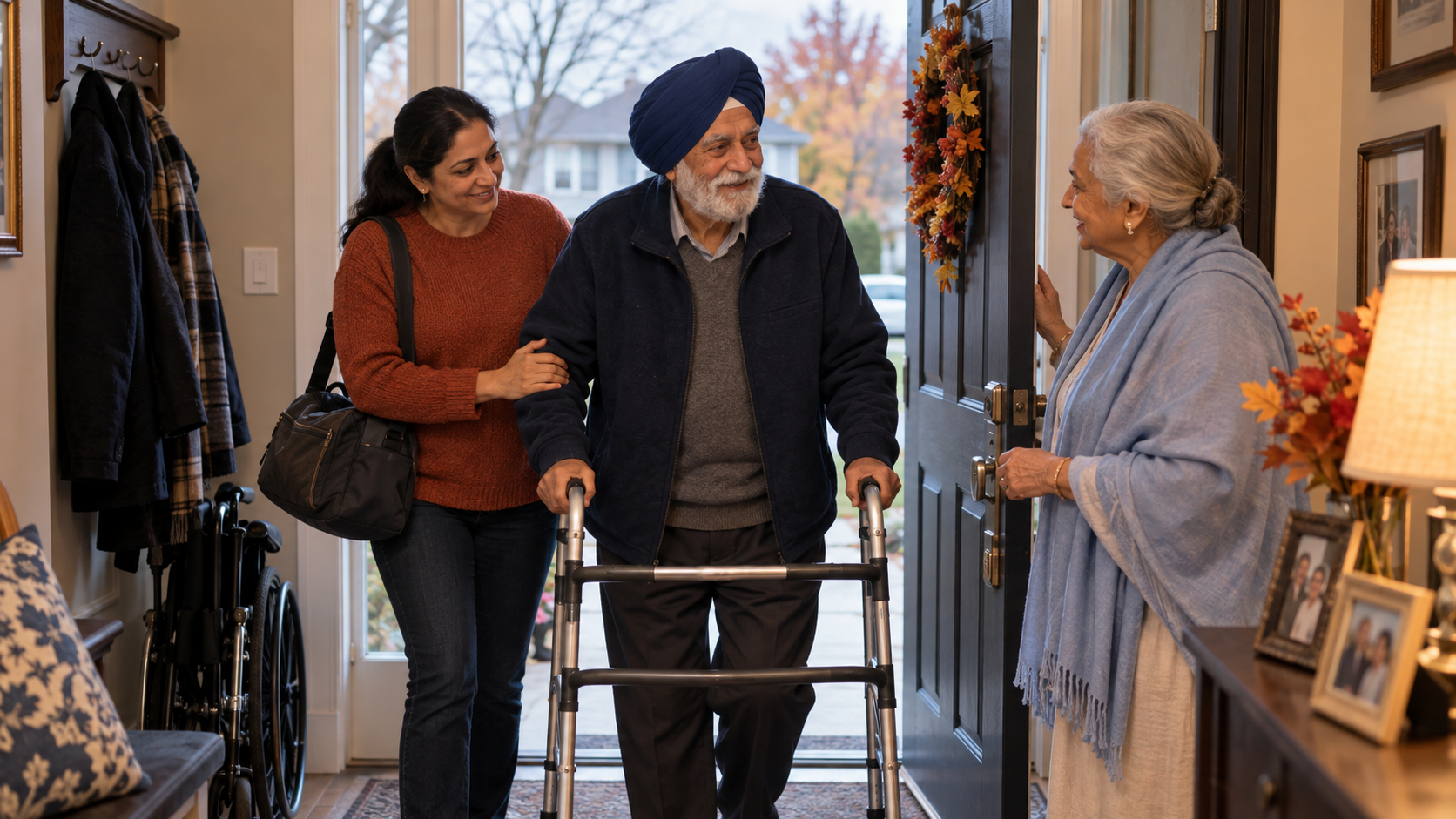 Senior man arriving home from hospital with a walker while his daughter and wife help him through the front door