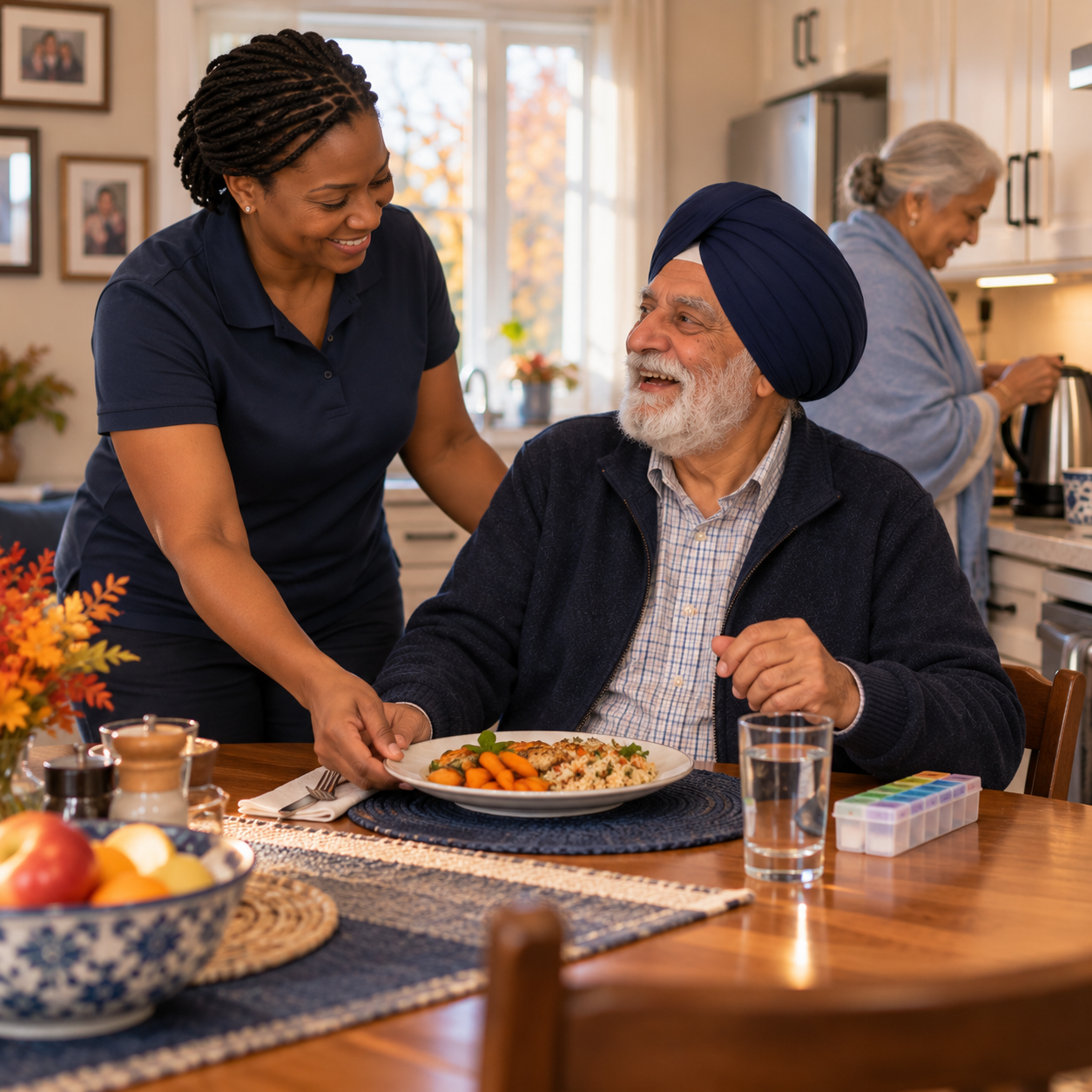 Caregiver serving a home-cooked meal to a senior recovering at home, with a weekly pill organizer on the table