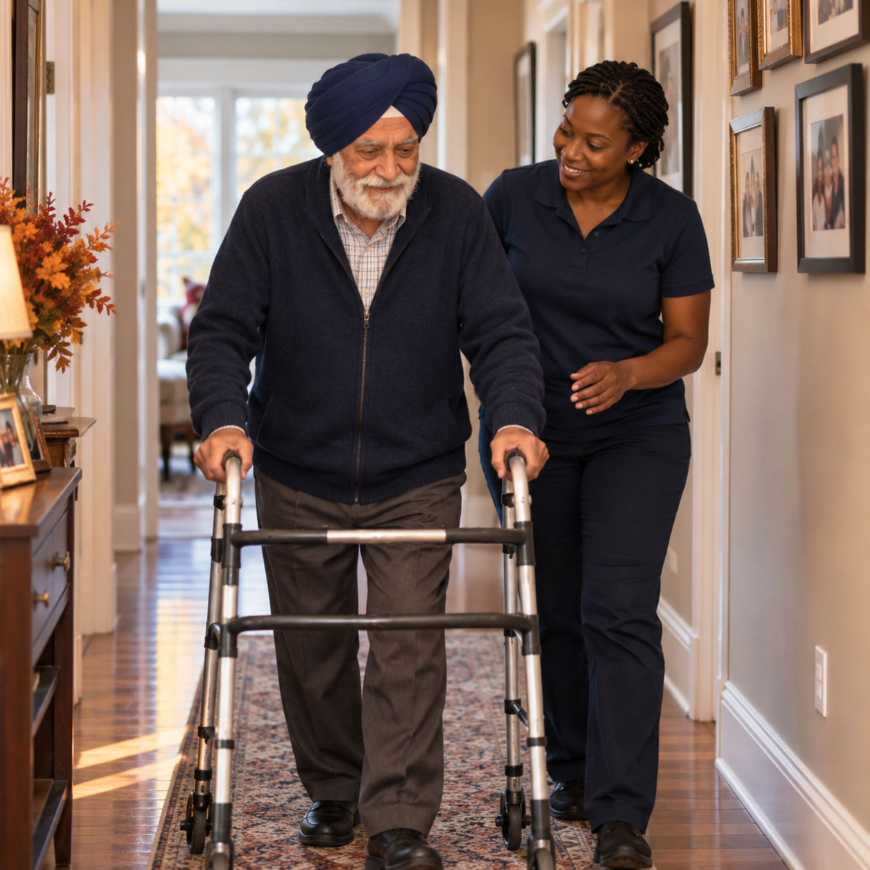 Home caregiver supporting a senior man walking with a walker during his recovery at home