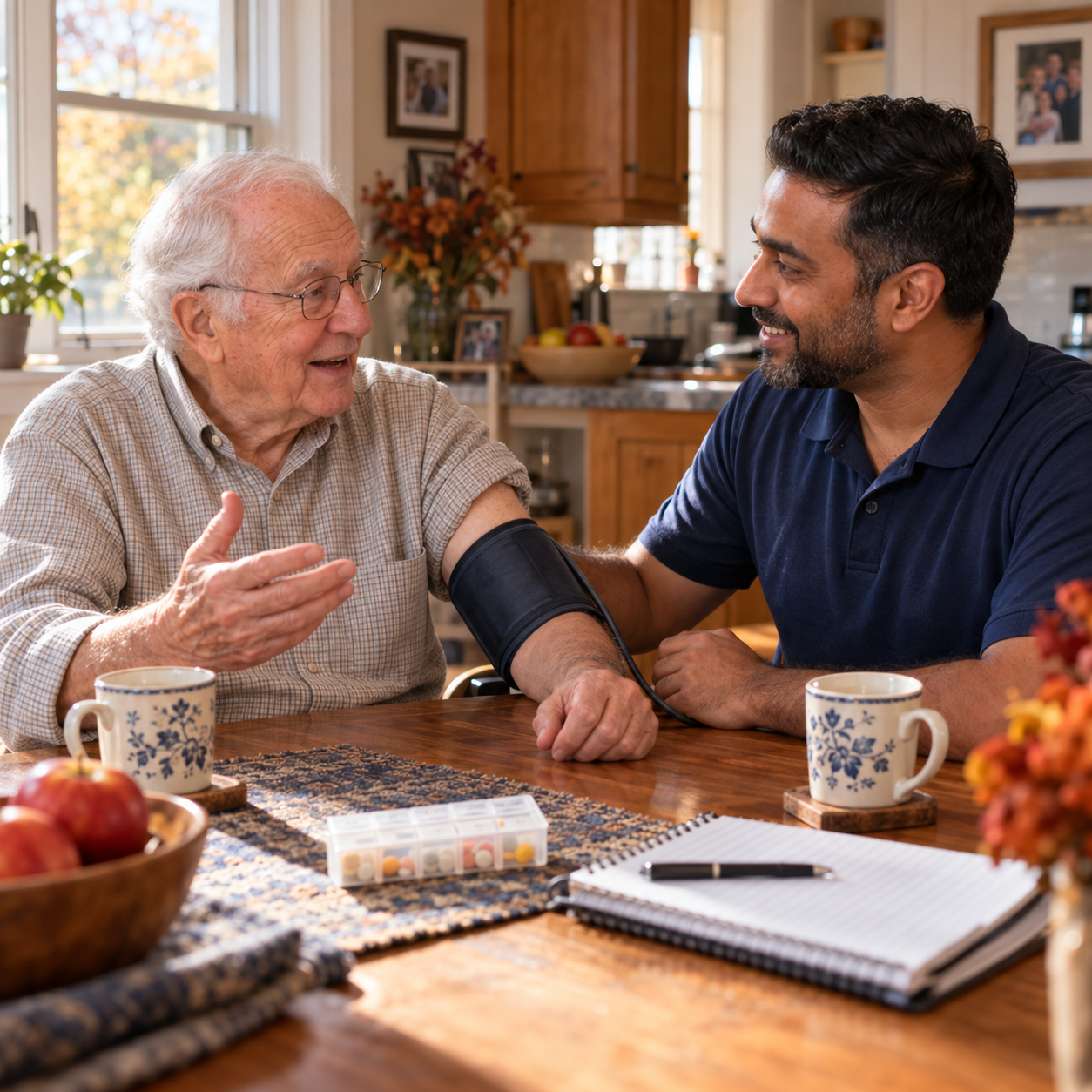 Visiting nurse taking a senior man's blood pressure during an in-home wellness check-in at the kitchen table