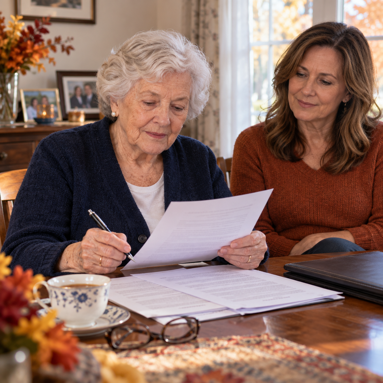 Senior woman reviewing legal documents with a pen in her hand while her adult daughter sits beside her