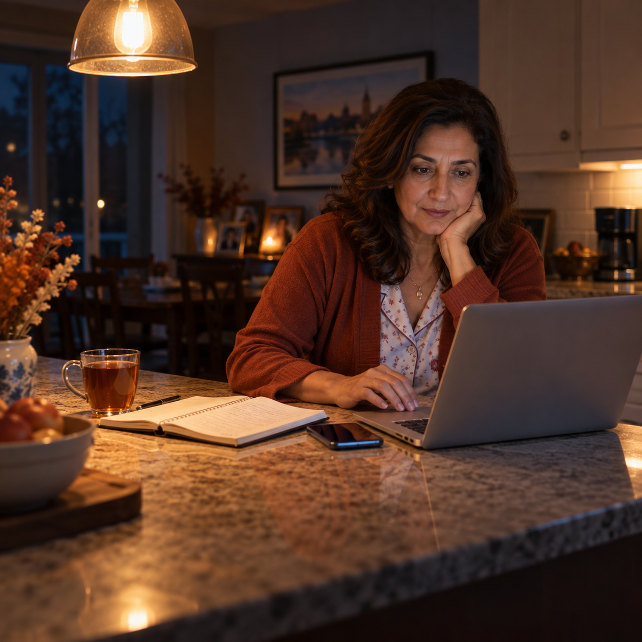 Adult daughter preparing notes at her kitchen counter the night before a family care meeting