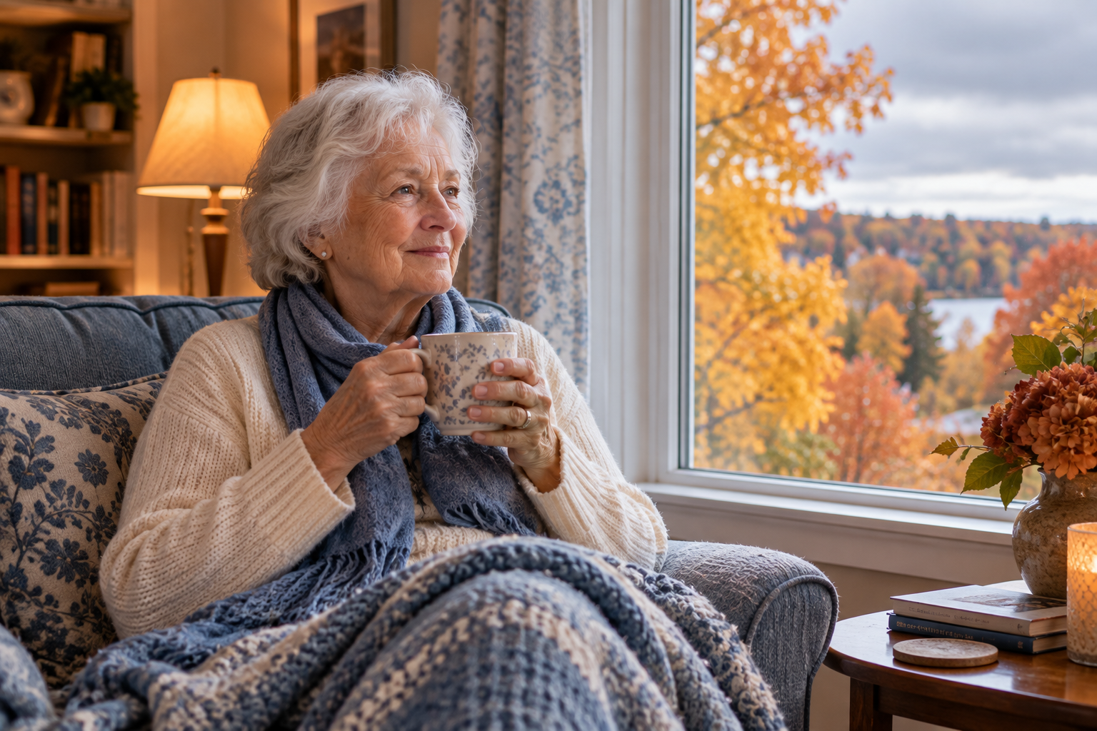 Senior woman relaxes cozily by a window, calm and ready, an example of preparing seniors for fall.