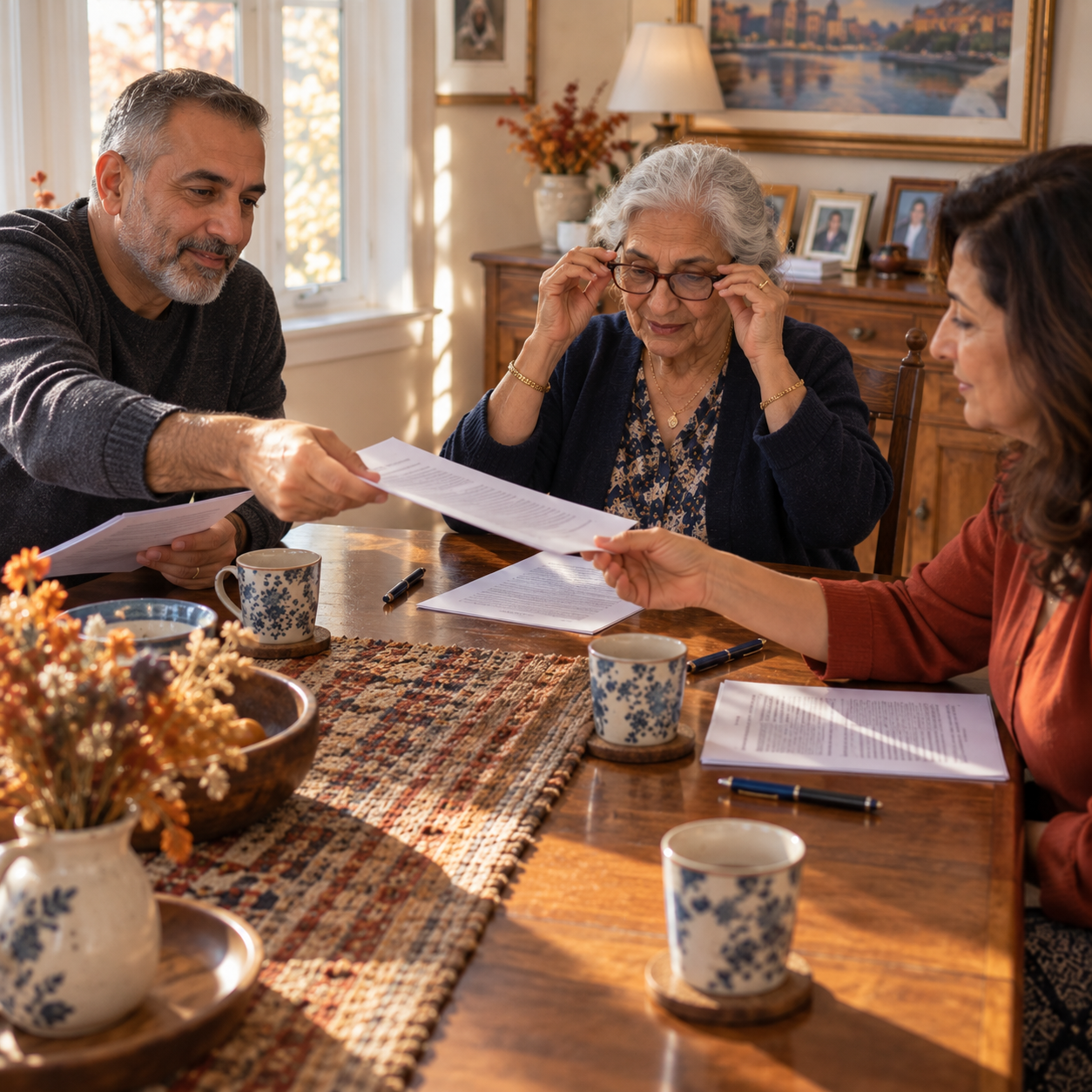 Adult son handing printed family meeting agendas around the table to his sister and mother
