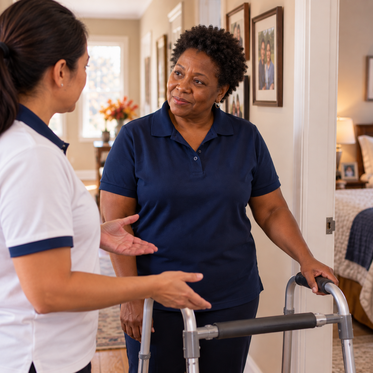 Senior care team member giving practical guidance to a home caregiver about safe mobility support