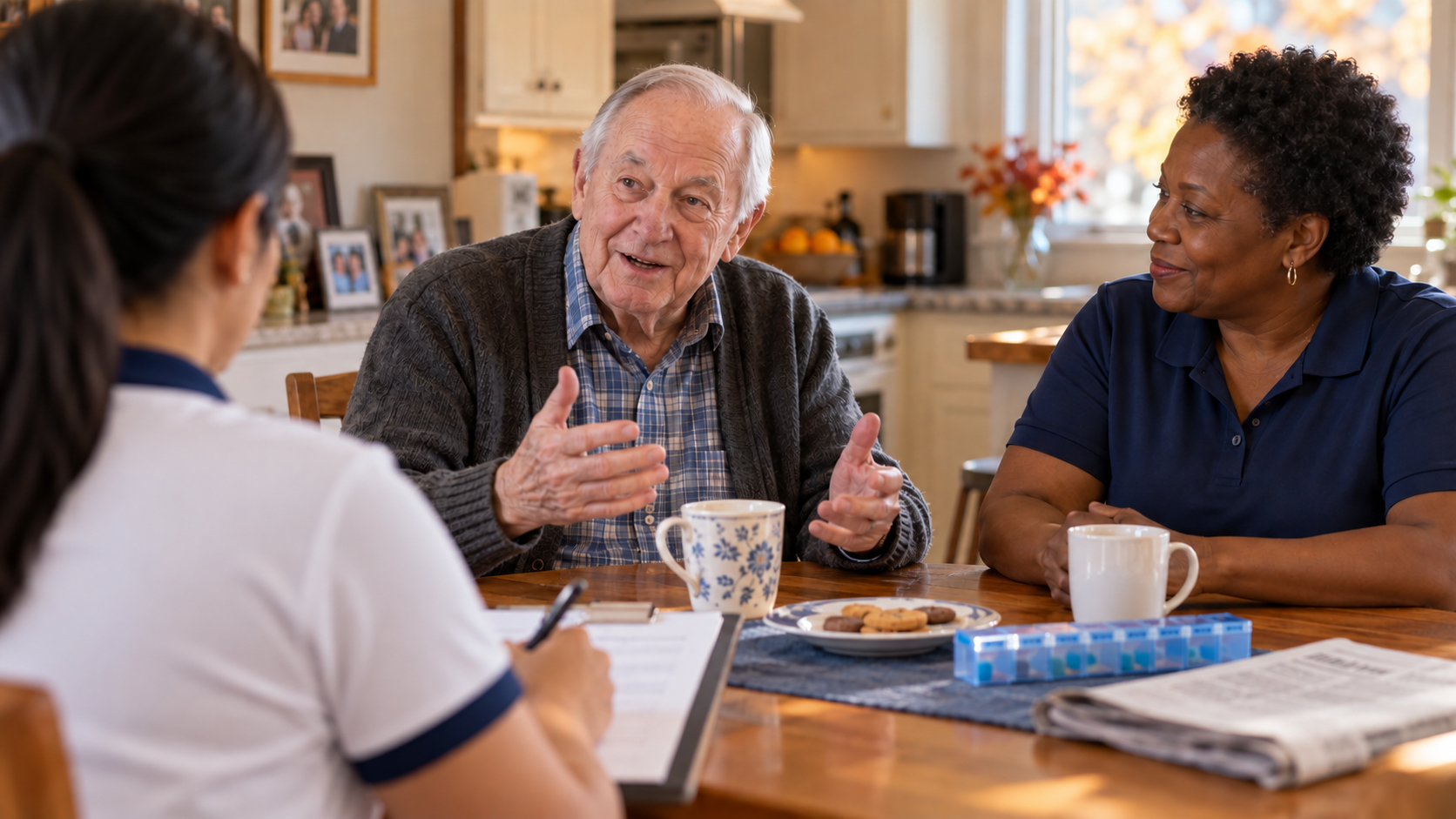 Senior client, his caregiver and a visiting care team member reviewing his care plan together at home