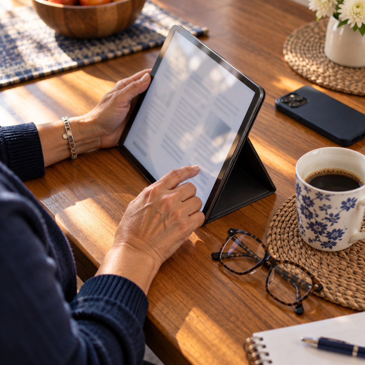 Family member reading the online summary report following a monthly Quality Care Visit