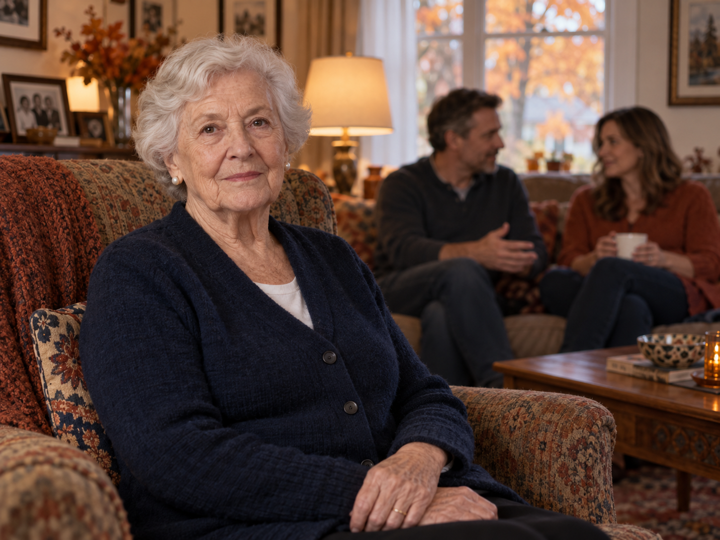 respecting-senior-independence-portrait.jpg Senior woman seated in her own living room looking at the camera while her adult children talk behind her, a portrait about senior independence
