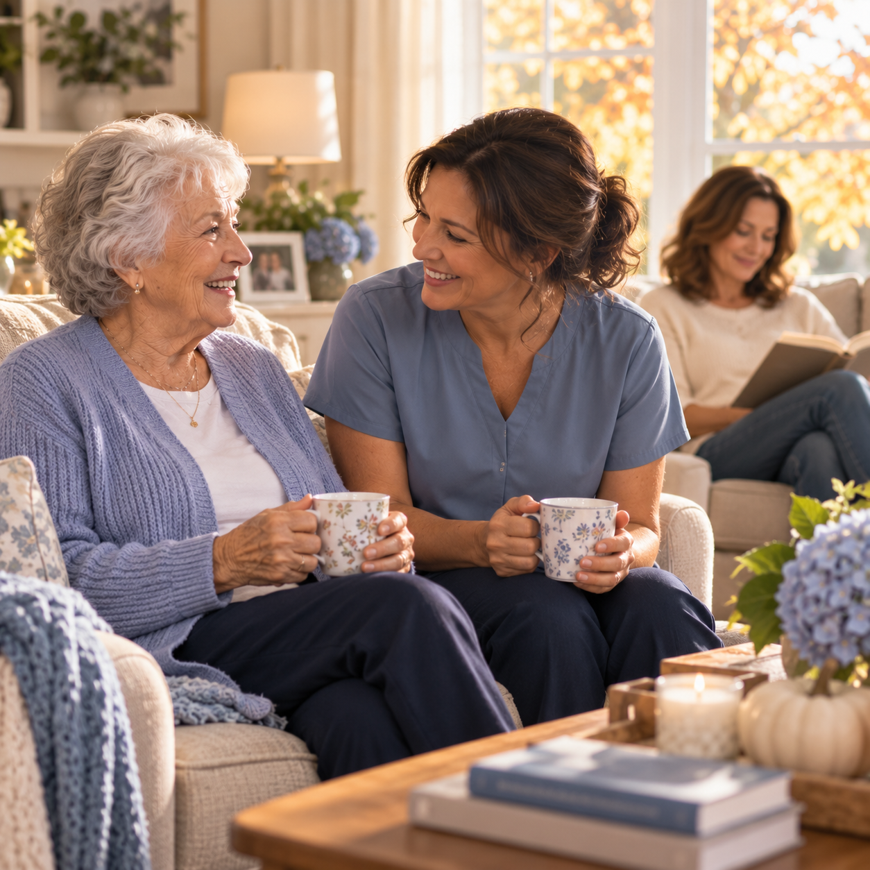 Professional caregiver chats with a senior woman over tea while her daughter relaxes in the background.