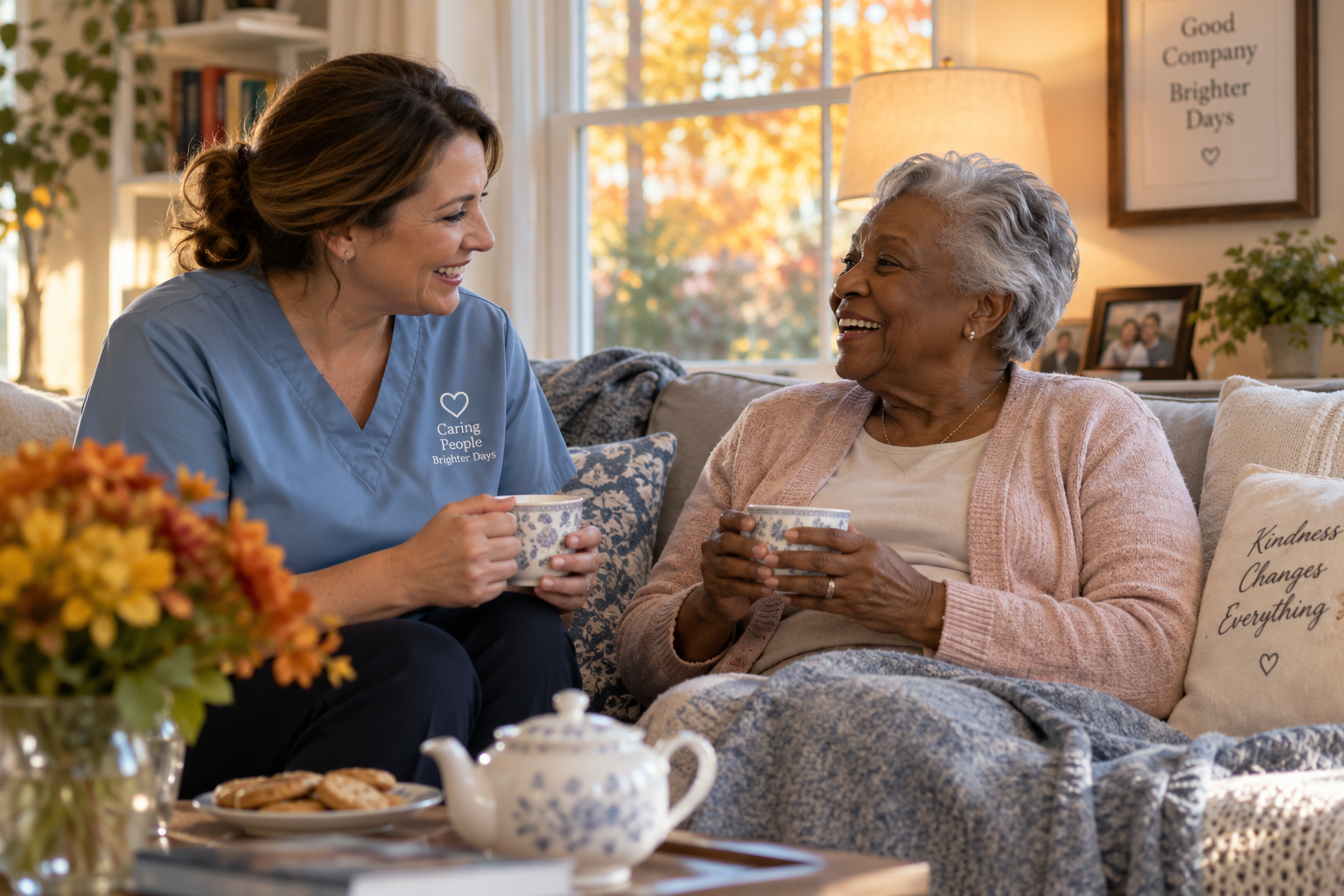 Professional caregiver shares tea and conversation with a senior woman, showing respite care in Oshawa in action.
