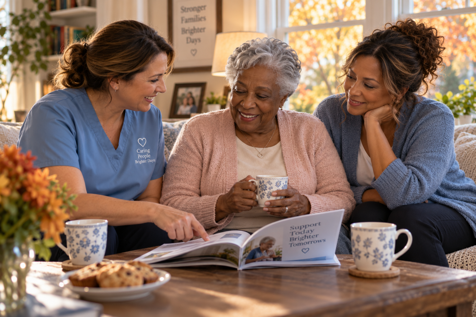 Caregiver and senior woman review the Rebuilding Routine guide while a relieved daughter looks on.