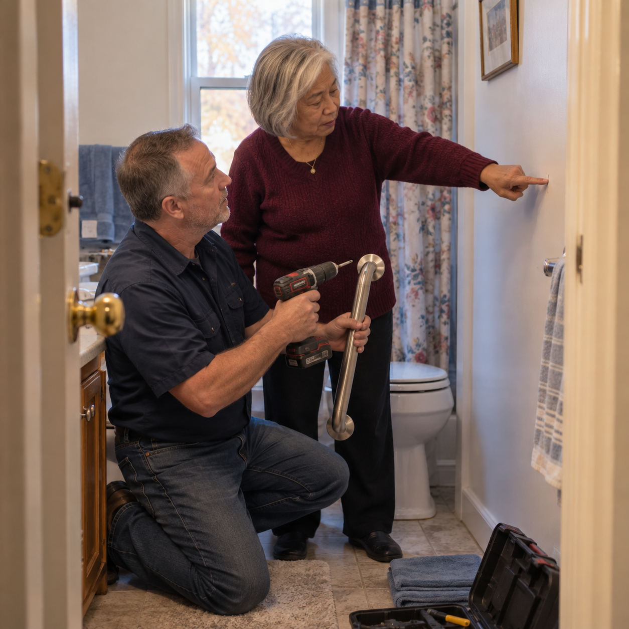 Senior woman chooses where a bathroom grab bar should be installed while a family member fits it
