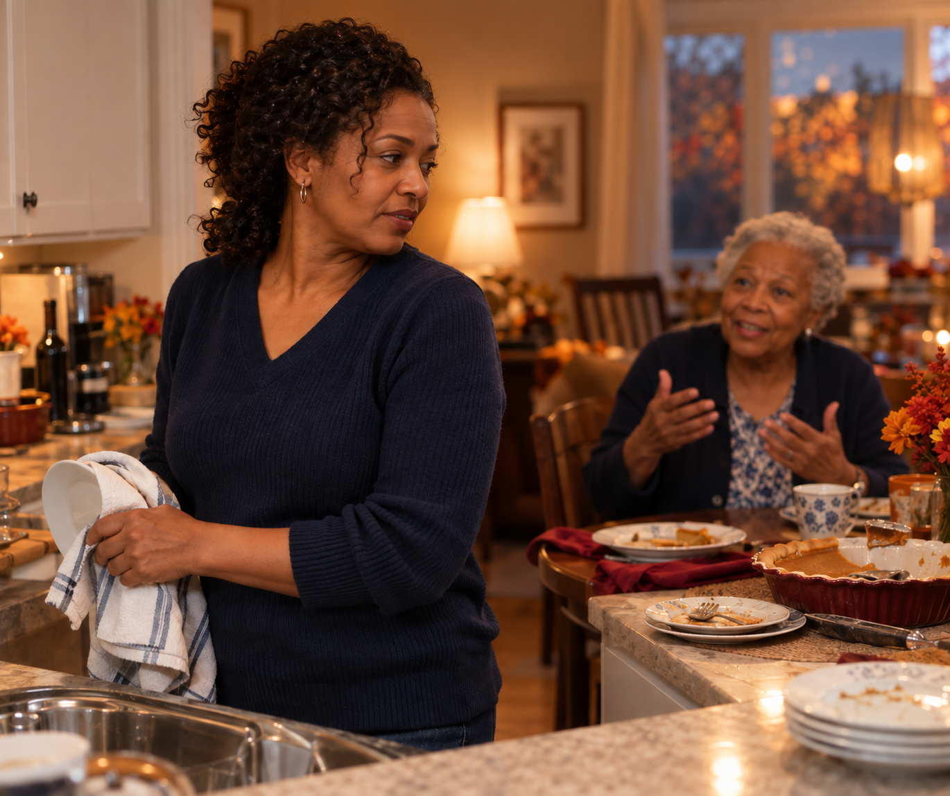 Woman drying dishes pauses as she notices changes in her mother, the moment many families begin a senior care conversation