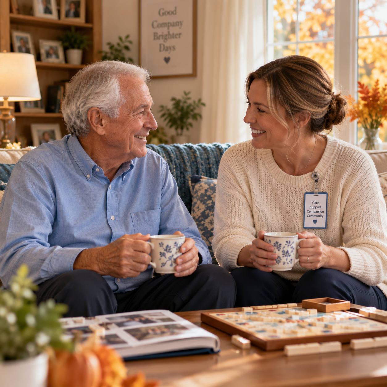 Senior man enjoys tea and conversation with a friendly caregiver during a companionship visit.