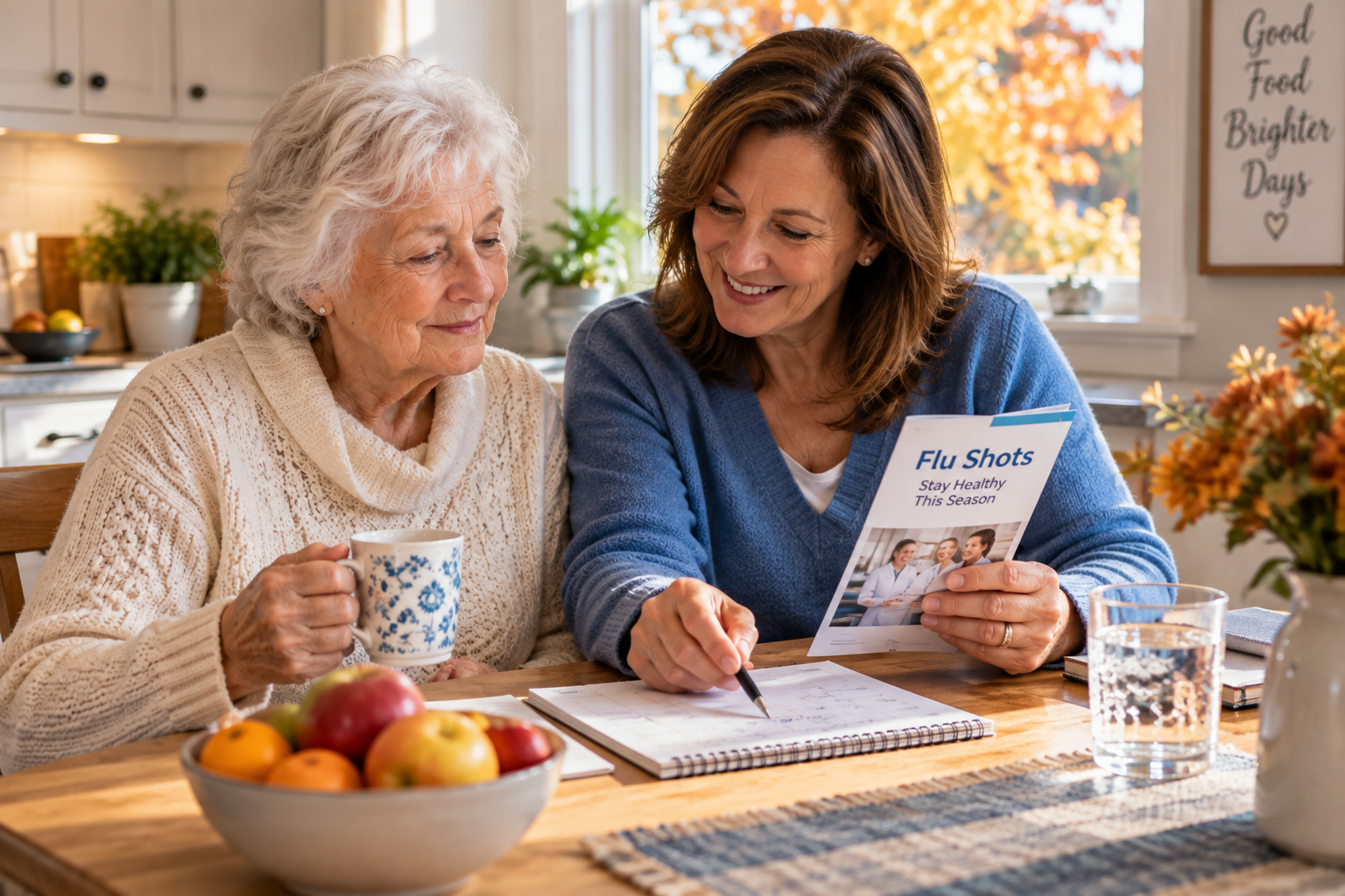 Senior woman and her daughter plan a fall flu shot appointment together at the kitchen table.