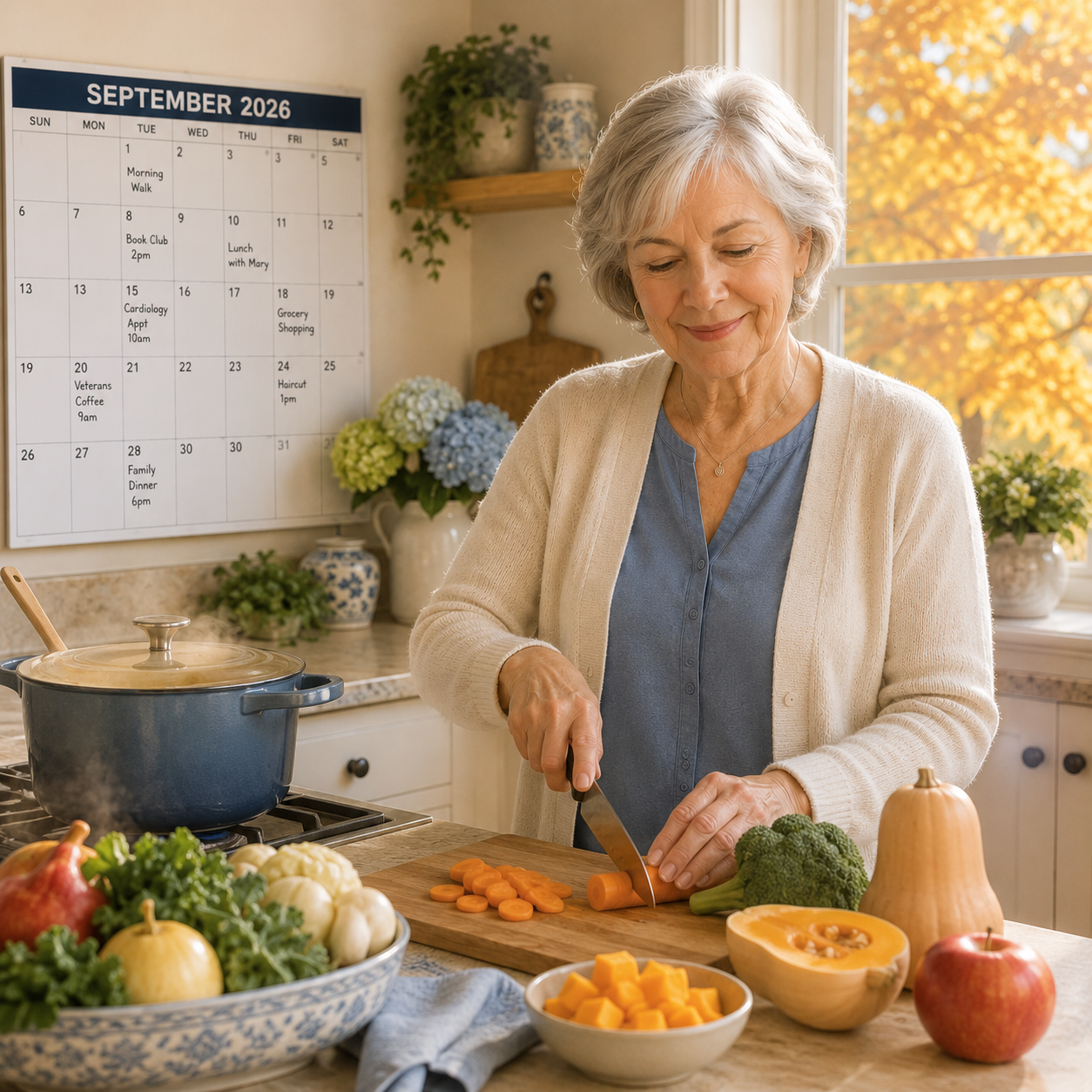 Senior woman prepares a healthy autumn meal with fresh vegetables in a sunlit kitchen.