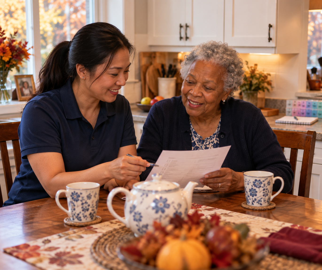 Home care professional reviewing a wellness check-in with a senior woman at her kitchen table