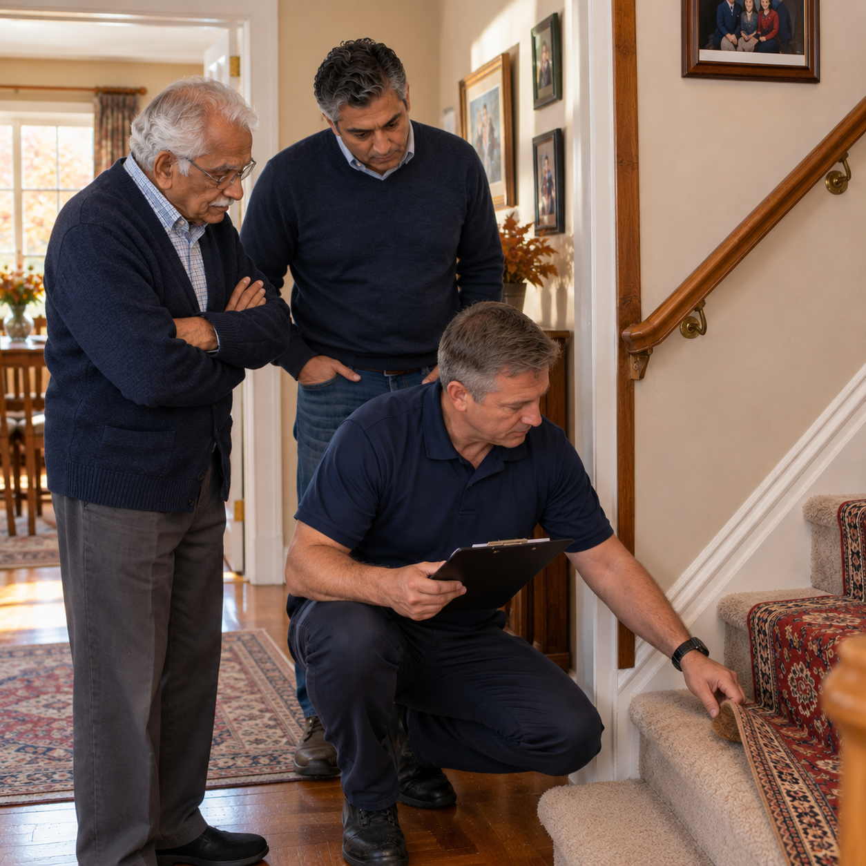 Home safety specialist inspecting stairs and a loose rug during an in-home senior safety assessment