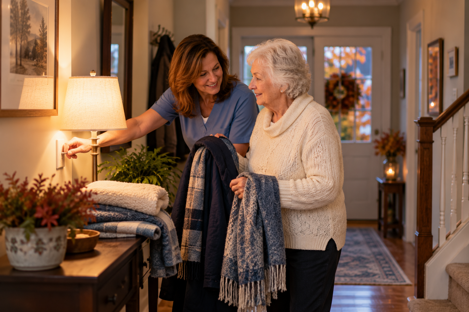 Caregiver helps a senior woman light a hallway and set out warm layers for cooler, darker days.
