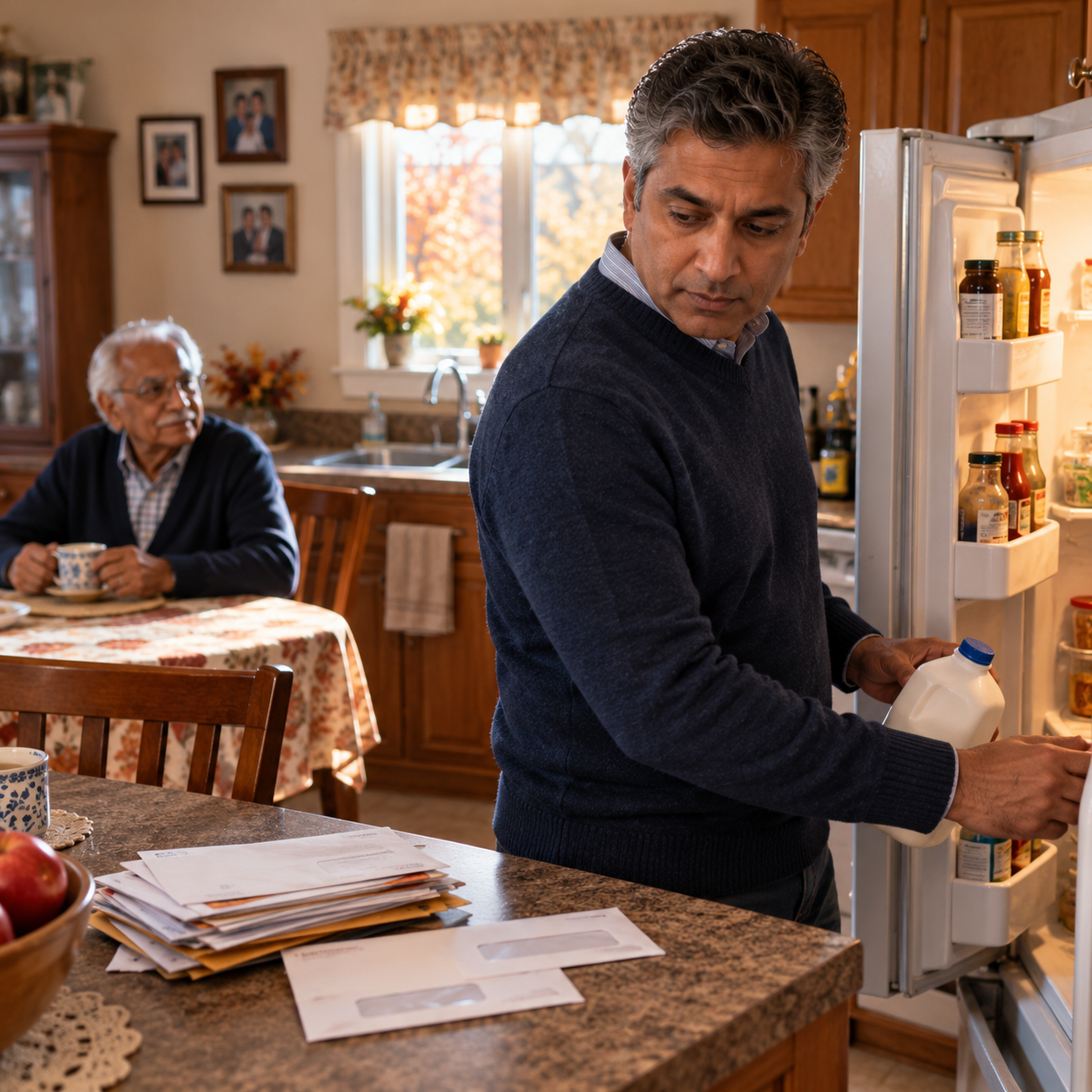 Adult son puts away groceries and notices unopened mail piling up on his parent's kitchen counter