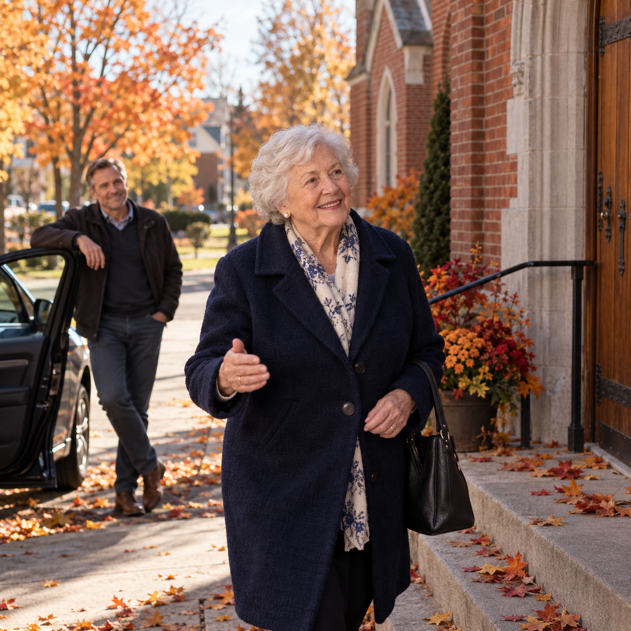 Senior woman arriving at church on her own while her son waits by the car after driving her