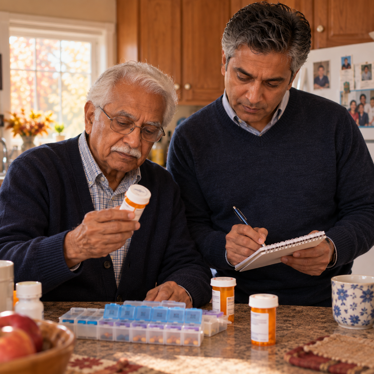 Senior man and his adult son reviewing prescription medications and a weekly pill organizer together
