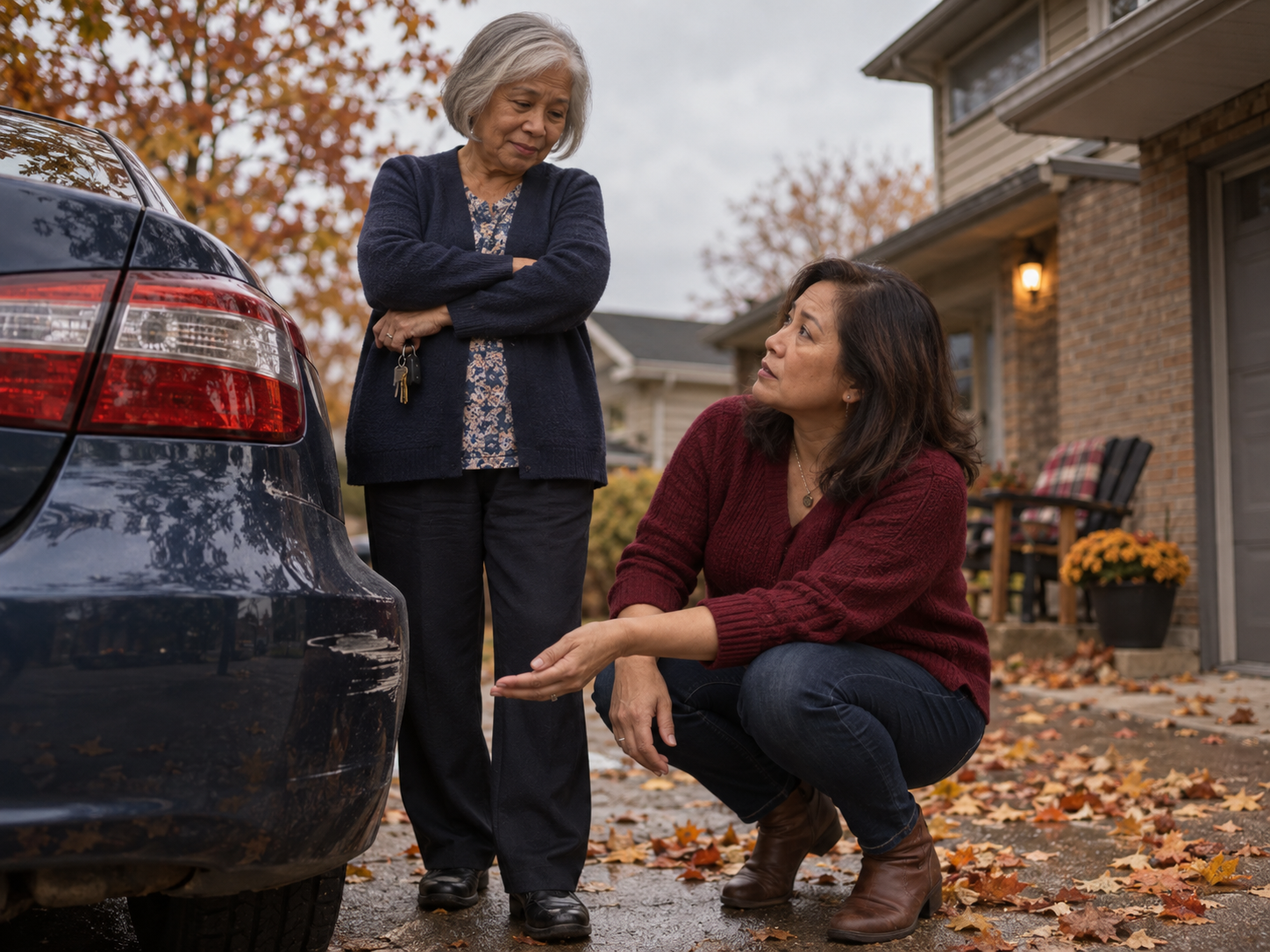 senior-safety-conversations-driving.jpg Adult daughter asks her mother about a scrape on the car bumper, one of the senior safety conversations families avoid