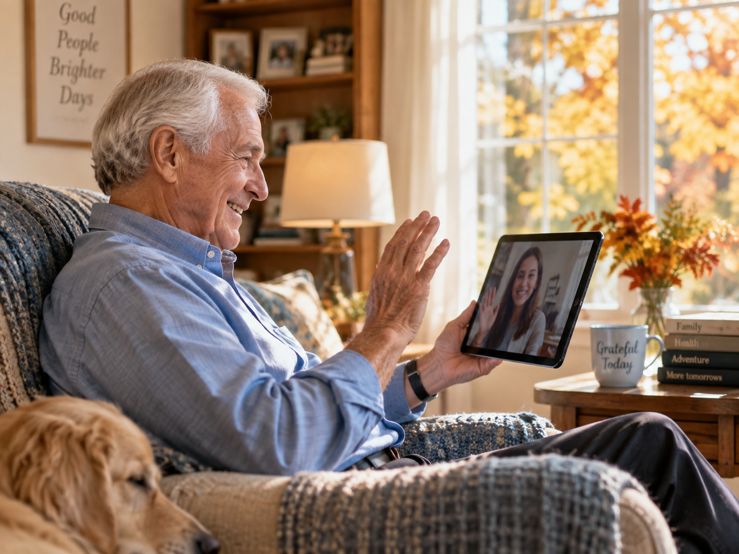 Senior man smiles during a video call with family, keeping senior social connection strong in the fall.