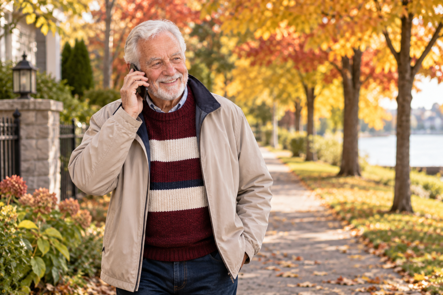 Senior man enjoys a walk while on a phone call with family on an autumn afternoon.