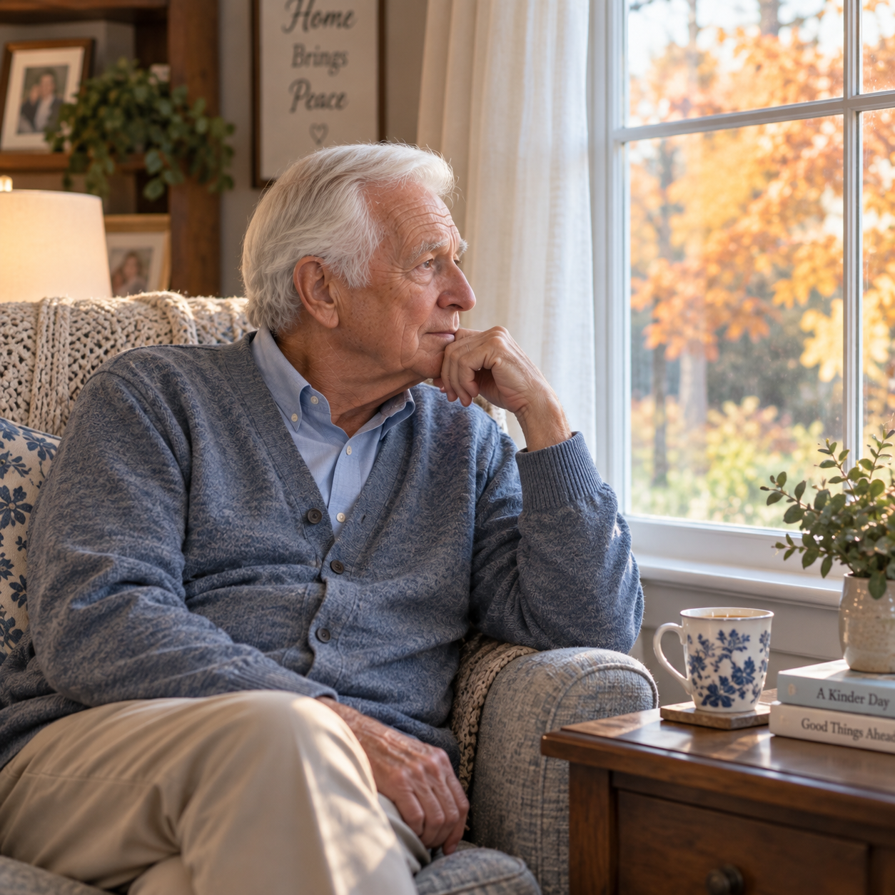 Senior man sits quietly by a window looking withdrawn, a possible sign he needs more support.