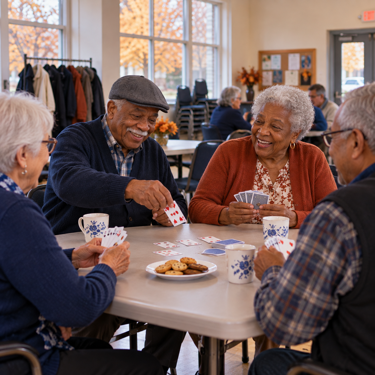 Older adults playing cards together at a community recreation centre in Durham Region