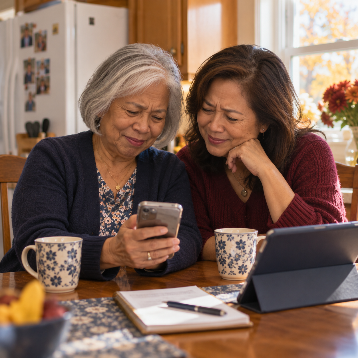 Senior woman and her adult daughter reviewing a suspicious text message together at the kitchen table