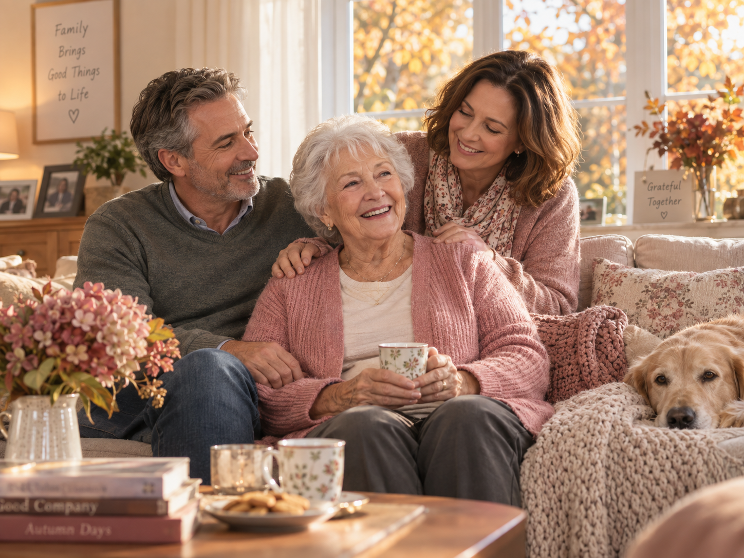 Senior woman with her two adult children, sharing caregiving responsibilities together in a warm living room.