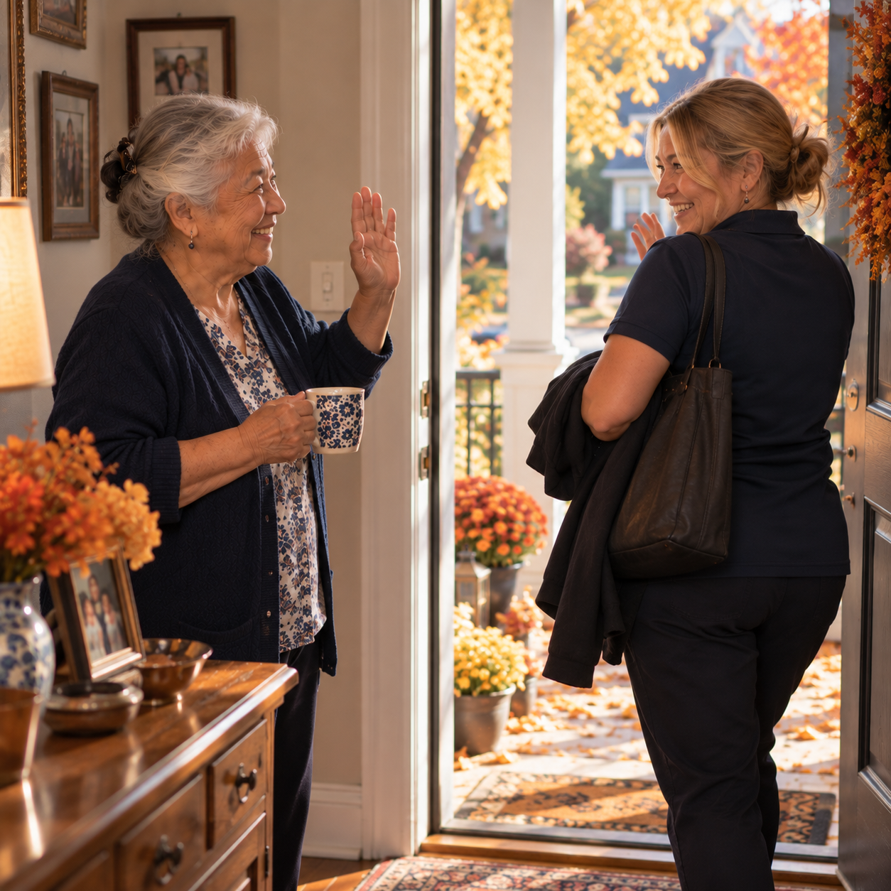 Home caregiver leaving after a short scheduled visit while the senior client waves from her doorway