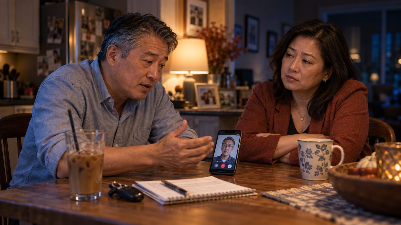 Three adult siblings talking around a kitchen table about their aging mother's care, one joining by speakerphone