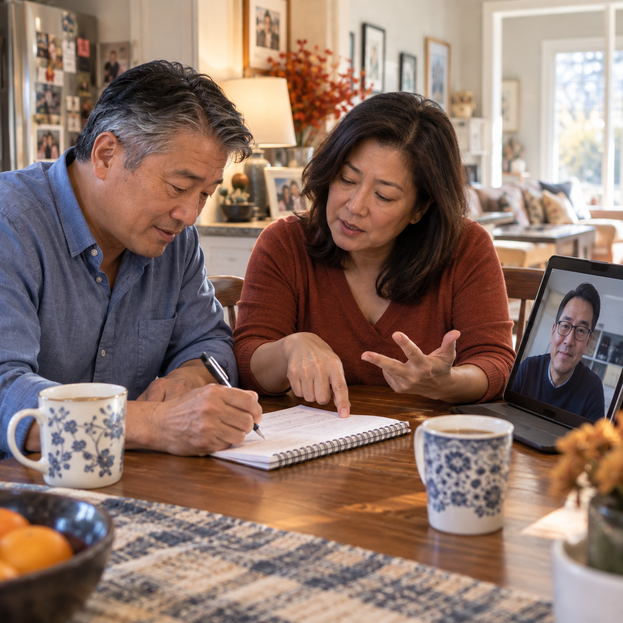 Two adult siblings dividing caregiving tasks at a kitchen table while a third joins by video call